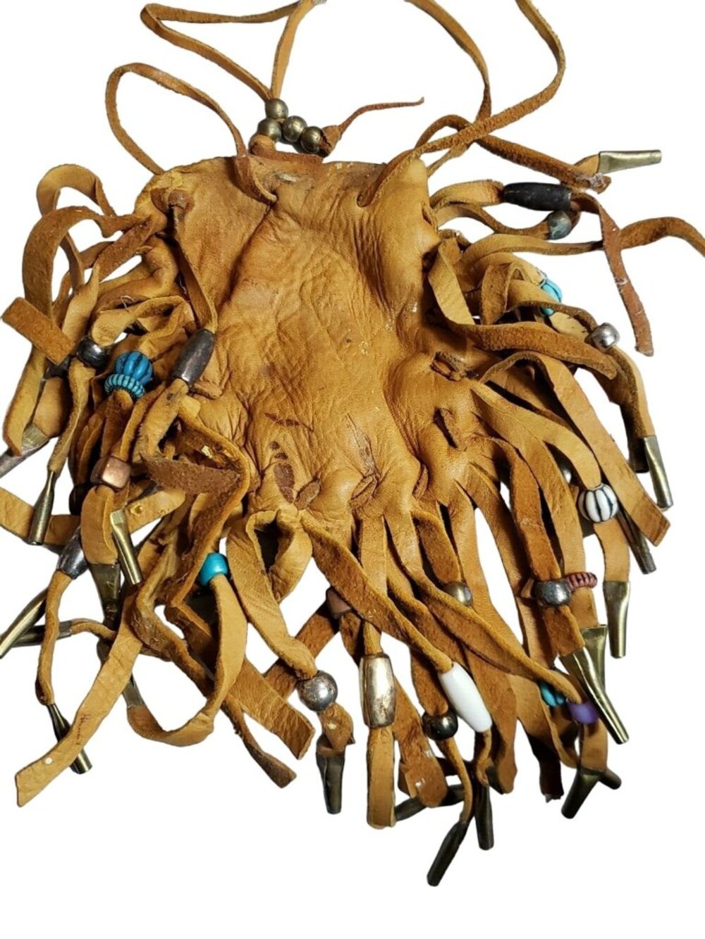 Brown Suede Leather Coin Trinket Marble Bag 8inch Fringed Beaded Vintage